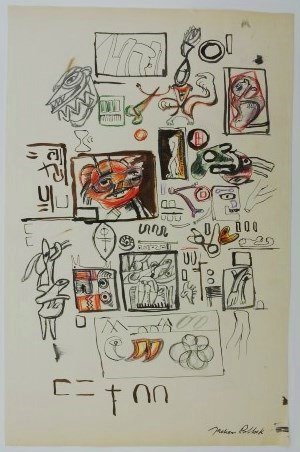Jackson Pollock (1912-1956) Sheet Of Studies: Original mixed media drawing on wove drawing paper, sheet of studies (abstract shapes and figures), attributed to Jackson Pollock (1912-1956). Signed lower right. 16 1/2 x 10 3/4 inches. Slight toning