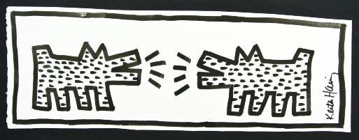 Keith Haring (1958-1990) Souvenir Ink Drawing: Original Sumi ink drawing on white wove drawing paper, untitled (Barking Dogs), by/attributed to Keith Haring (1958-1990). Signed lower right hand edge. 4 3/8 x 15 inches. Very good condition. Hinge r