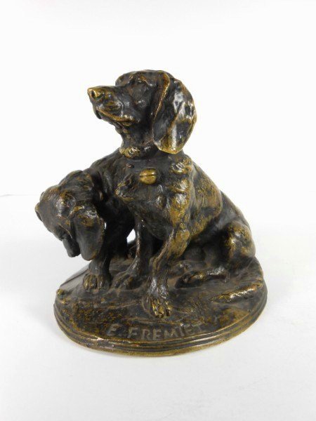 Emmanuel Fremiet (1824-1910) Bronze Group: Dachshunds at play ("Ravageot and Ravageole"). Signed. H. 5 3/8 inches. W. 6 1/2 inches. Artist Note: Emmanuel Fremiet (1824-1910) was a French sculptor. He is most famous for his sculpture, Joan of A