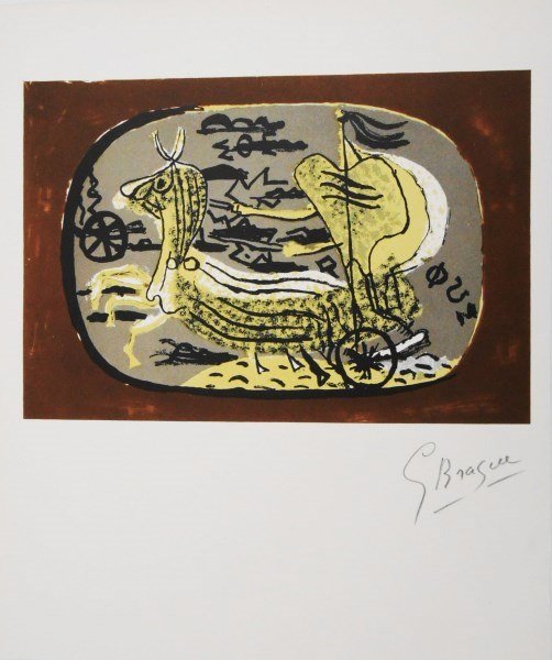 Georges Braque (1882-1963) Signed Lithograph: Lithographic book plate, untitled, by Georges Braque (1882-1963). As published in "L'Oeuvre Graphique de Georges Braque," 1961. Pencil signed, lower right. 12 1/2 x 10 3/8 inches. Excellent condition.