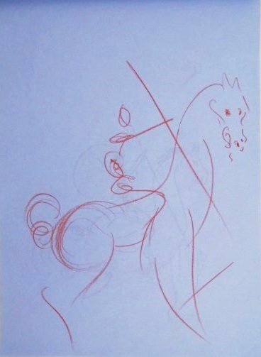 Salvador Dali (1904-1989) Colored Pencil Drawing: Exceptional colored pencil drawing, horse and rider, executed on Air France writing paper, by/attributed to Salvador Dali (1904-1989). Unsigned and undated but probably circa 1970's. [The front cover 