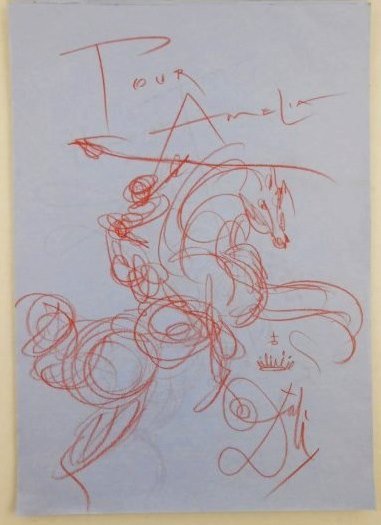 Salvador Dali (1904-1989) Colored Pencil Drawing: Exceptional colored pencil drawing, horse and rider, executed on Air France writing paper, by/attributed to Salvador Dali (1904-1989). Signed and inscribed. Undated but probably circa 1970's. [The fro