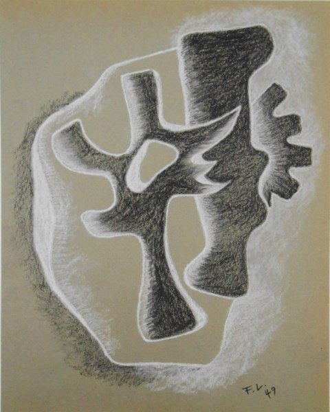 Fernand Leger (1881-1955) Charcoal Drawing: Original charcoal drawing highlighted with white chalk executed on grey-green construction paper, untitled abstract composition, attributed to/in the manner of Fernand Leger (1881-1955). Signed with t