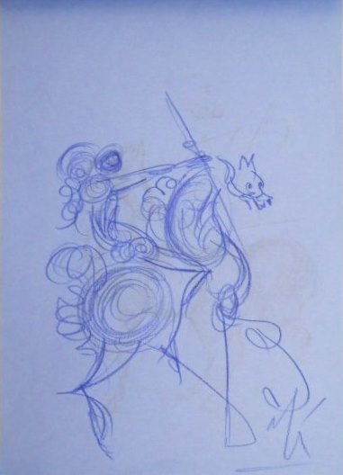 Salvador Dali (1904-1989) Colored Pencil Drawing: Exceptional colored pencil drawing, horse and rider, executed on Air France writing paper, by/attributed to Salvador Dali (1904-1989). Signed. Undated but probably circa 1970's. [The front cover of th