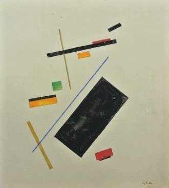 Soviet Suprematist Watercolor, Circa 1920: Original watercolor and gouache, Soviet Suprematist School, abstract composition, executed on light-tan-colored paper. Circa 1920-1930. Initialed in Cyrillic, lower right. 7 3/4 x 7 inches. Some scuff