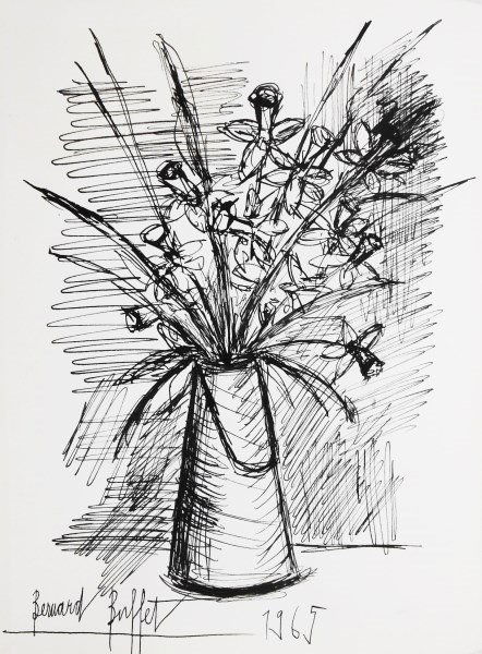 Bernard Buffet (1928-1999) Pen & Ink Drawing: Exceptional pen and ink drawing, untitled (vase of flowers), attributed to Bernard Buffet (1928-1999). Signed and dated, 1965. Executed on the front end paper (facing the title page) of "Toxique," by