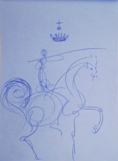 Salvador Dali (1904-1989) Colored Pencil Drawing: Exceptional colored pencil drawing, horse and rider, executed on Air France writing paper, by/attributed to Salvador Dali (1904-1989). Unsigned and undated but probably circa 1970's. [The front cover 