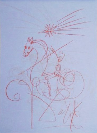 Salvador Dali (1904-1989) Colored Pencil Drawing: Exceptional colored pencil drawing, horse and rider, executed on Air France writing paper, by/attributed to Salvador Dali (1904-1989). Signed. Undated but probably circa 1970's. [The front cover of th
