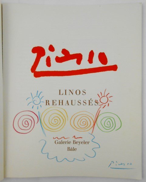 Pablo Picasso (1881-1973) Signed Catalog & Sketch: Original crayon or colored pencil drawing, untitled, attributed to/in the manner of Pablo Picasso (1881-1973). Signed lower right. Executed on the title page of "Picasso: Linos Rehausses," published b
