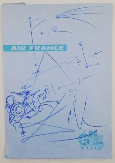 Salvador Dali (1904-1989) Colored Pencil Drawing: Exceptional colored pencil drawing, horse and rider, executed on Air France writing paper, by/attributed to Salvador Dali (1904-1989). Signed. Undated but probably circa 1970's. [This is the front cov