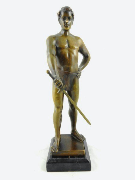 Hans Keck, Bronze Youth Holding A Sword: Bronze figure of a youth or young athlete holding a sword, by Hans Keck (19th/20th century). Signed. Raised on a conforming square marble base (not attached). H. (bronze only) 9 1/2 inches.