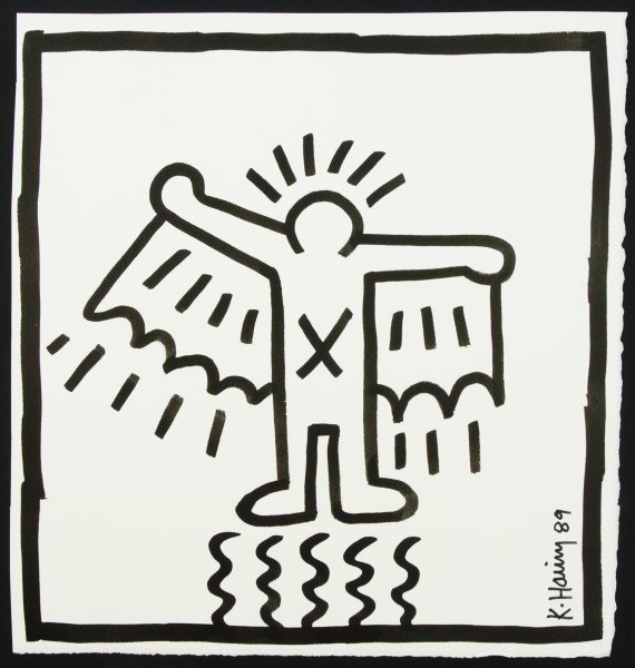 Keith Haring (1958-1990) "Outline Man" Drawing: Original ink drawing on white wove drawing paper, untitled (Outline Man), by/attributed to Keith Haring (1958-1990). Signed. 121/8 x 11 1/2 inches. Very good condition. Hinge remnants to reverse. Unfr