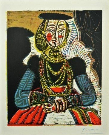 Pablo Picasso (1881-1973) Linoleum Cut: "Buste de Femme d'apres Cranach le Jeune". Facsimile color linoleum cut, Abrams edition, 1962, after the original (produced in 1958) by Pablo Picasso (1881-1973), created under the direction of the ar