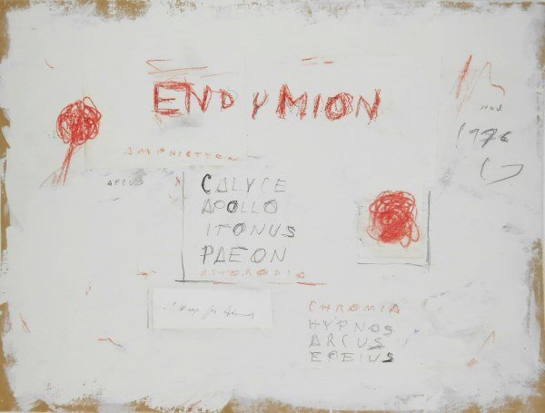 Cy Twombly (1928-2011) Mixed Media: White house paint (or tempera) on brown paper with pencil, red & blue crayon, and collage, mounted on illustration board, untitled (Endymion), attributed to Cy Twombly (1928-2011). Signed with the art