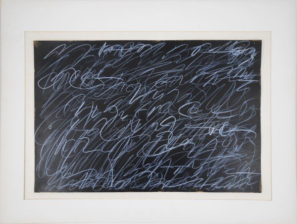 Cy Twombly (1928-2011) White Crayon Drawing: White crayon on card stock that has been painted with black gouache or acrylic, untitled (abstract), attributed to Cy Twombly (1928-2011). Signed with the artist's initials and dated on the reverse. 1