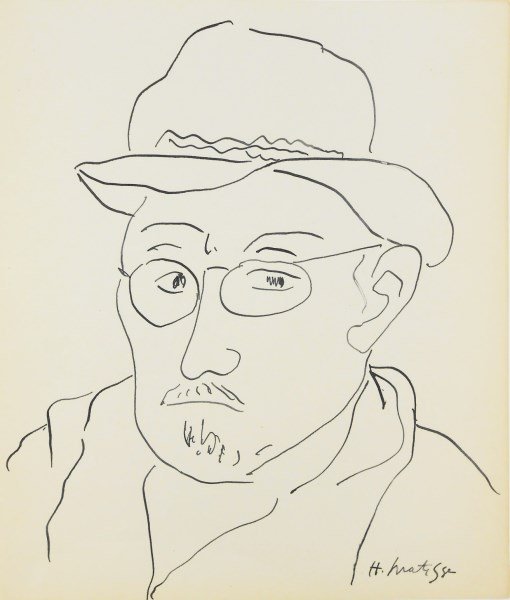 Henri Matisse (1869-1954) Pen & Ink, Self-Portrait: Original pen and ink drawing on wove paper, self-portrait, attributed to/manner of Henri Matisse (1869-1954). Signed lower right. Not dated. 9 1/2 x 8 1/8 inches. Light hinge scuffs to reverse, otherw