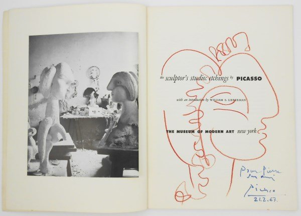 Pablo Picasso (1881-1973) Crayon Drawing, 1967: Original red crayon (or colored pencil) drawing, untitled, attributed to/manner of Pablo Picasso (1881-1973). Signed in blue ink, lower right, and inscribed & dated. Executed on the title page of "The