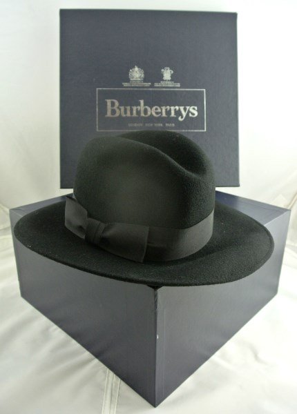 Vintage Burberry Bow-Tie Fedora: Vintage black fedora by Burberry, circa 1950-70. With original box. Excellent condition. Hat size unknown.