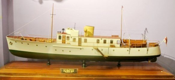 Monumental Collector-Quality Model Ship: Large collector-quality scale model, English Royal Yacht bearing plaque: "The 7th Earl Fitzwilliam's M.Y. "CETO" R.Y.S. 130 tons. Built by Vosper, Portsmouth, 1935." Complete with lifeboats and launch