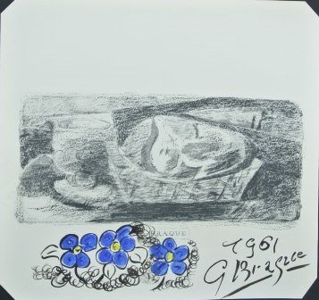 Georges Braque (1882-1963) Ink & Watercolor: Original black ink and watercolor sketch executed on a printed page, untitled souvenir drawing, attributed to Georges Braque (1882-1963). Signed and dated 1961. 9 3/4 x 10 3/8 inches. Page's corners a