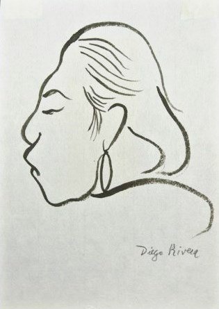 Diego Rivera (1886-1957) Ink Drawing: Original black ink drawing, untitled (woman's head in profile), executed on what appears to be rice paper, attributed to/in the manner of Diego Rivera (1886-1957). Pencil signed, lower right. 8 1/2 x