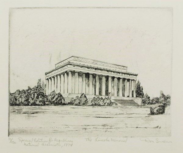 The Lincoln Memorial, Etching By Don Swann: Original black and white etching, The Lincoln Memorial, by Don Swann. This is a special edition (33/1500) that was printed for Republican National Associates in 1974. Signed. Sheet size: 8 5/8 x 10 in