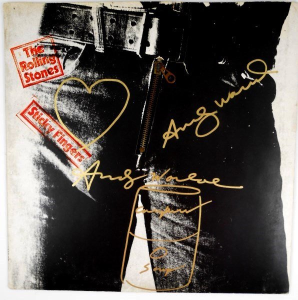 Rolling Stones Album With Original Warhol Sketch: Rolling Stones album, Sticky Fingers (designed by Andy Warhol, 1928-1987), signed twice and illustrated with original sketches attributed to Andy Warhol. 12 1/4 x 12 1/4 inches. The album is complete 