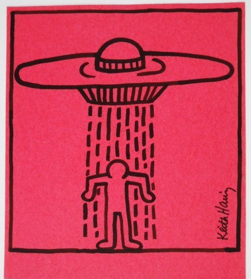 Keith Haring (1958-1990) UFO Drawing: Original drawing, UFO with Outline Man, black Sumi ink or marker pen on red construction paper, by/attributed to Keith Haring (1958-1990). Signed vertically along lower right edge. 10 3/8 x 9 inches. 