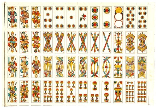 Italian Playing Cards, Uncut Sheet, Circa 1920: Complete sheet of 48 Italian playing cards by E. Pignalosa, Naples, circa 1920. Complete deck of 48 cards in excellent condition. Sheet measures 17 x 25 inches. This deck consists of 12 cards, numbere