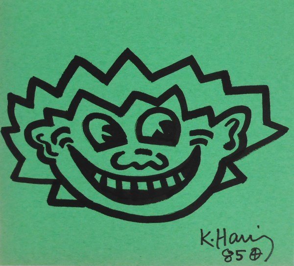 Keith Haring (1958-1990) Drawing, "Smiling Boy": Original drawing of a smiling boy, black ink or marker pen on green construction paper, by/attributed to Keith Haring (1958-1990). Signed and dated '85. 7 1/2 x 8 3/8 inches. Very good condition. Unfr