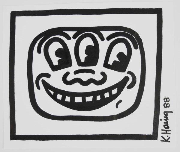 Keith Haring (1958-1990) Cartoon Drawing: Original drawing, cartoon figure, black Sumi ink or marker pen on white paper, by/attributed to Keith Haring (1958-1990). Signed vertically along the lower right edge and dated '88. 7 3/4 x 9 1/4 inch