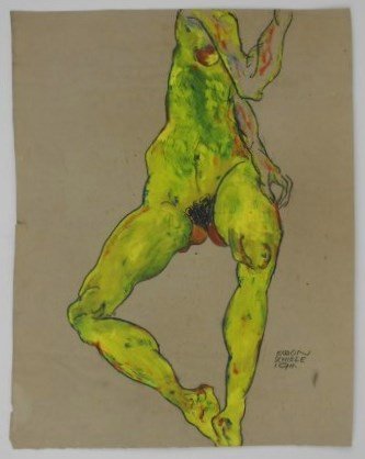Egon Schiele (1890-1918) Gouache: Exceptional drawing of a female nude, charcoal or black pencil with gouache, attributed to/in the manner of Egon Schiele (1890-1918). Signed and dated 1911. Executed on grey-green drawing paper of the