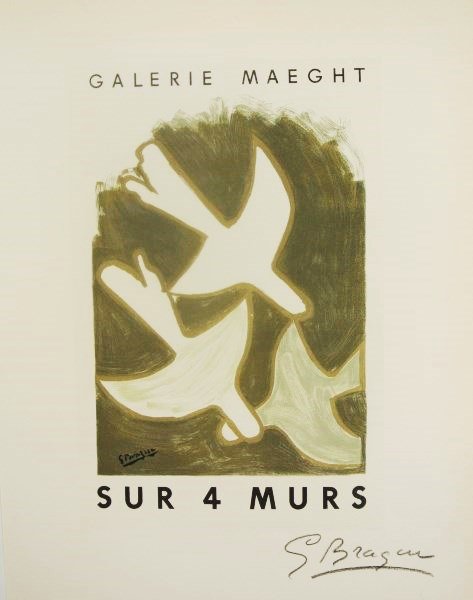 Georges Braque (1882-1963) Signed Lithograph: Original offset color lithograph by Georges Braque (1882-1963), Sur 4 Murs. 1959 edition (after the earlier Galerie Maeght-published edition.) Pencil signed. 12 1/8 x 9 3/8 inches. Very good condition