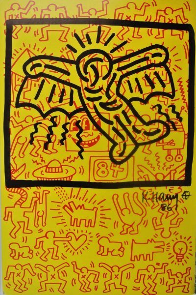 Keith Haring (1958-1990) Art In Transit Drawing: Original black marker pen drawing, untitled (Flying Figure), attributed to Keith Haring (1958-1990). Signed. Executed on the inside front cover of "Art in Transit," first edition, published by Harmony