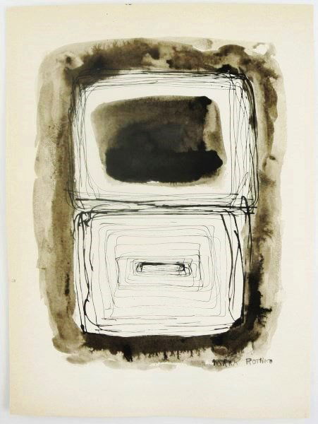 Mark Rothko (1903-1970) Ink & Wash Drawing: Original black ink and ink wash drawing on wove paper, untitled (abstract), attributed to/in the manner of Mark Rothko (1903-1970). Signed, lower right. 12 1/2 x 9 1/4 inches. Small hinge remnants to