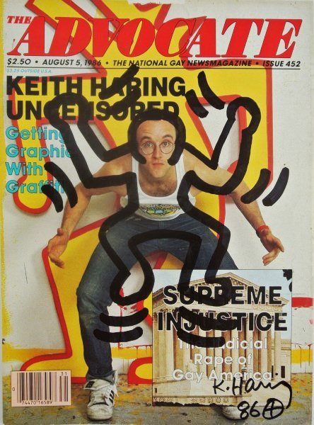 Keith Haring (1958-1990) Souvenir Drawing: Original black marker pen drawing, untitled (Outline Man), attributed to Keith Haring (1958-1990). Signed. Executed on the front cover of "The Advocate," August 5, 1986 edition (Issue 452). 10 3/4 x 7