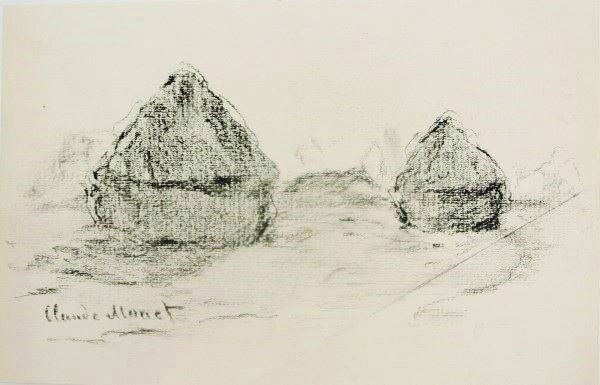 Claude Monet (1840-1926) Charcoal Study: Charcoal drawing on laid drawing paper, study of haystacks, attributed to/in the manner of Claude Monet (1840-1926). Signed lower left. The present lot relates closely to other haystack drawings and s