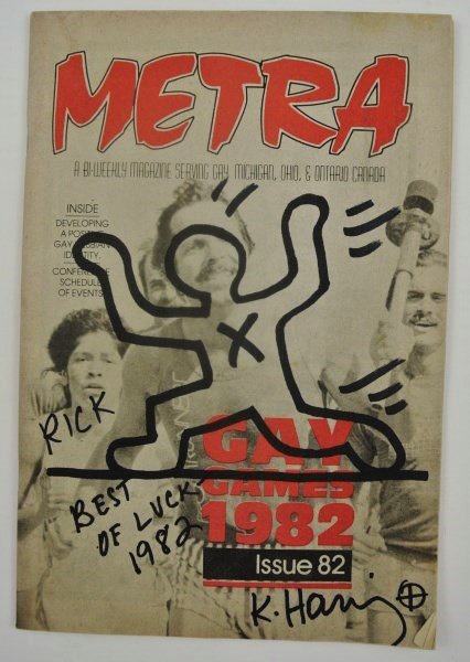 Keith Haring (1958-1990) Signed Metra Magazine: Keith Haring (1958-1990) sketch, Running Man, executed in black marker pen on the front cover of "Metra Magazine," Issue 82. Signed, inscribed, and dated 1982. This issue highlights the first Gay Game