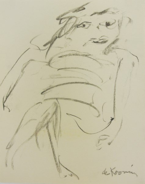 Willem De Kooning (1904-1997) Charcoal Drawing: Original charcoal drawing on off-white wove paper, untitled (seated woman), by/attributed to Willem de Kooning (1904-1997). Signed lower right. 10 x 8 inches. Very good condition (light hinge remnants