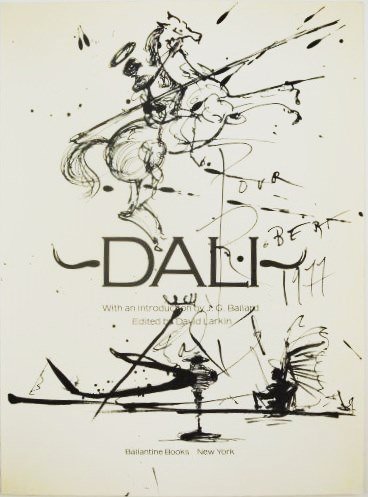 Salvador Dali (1904-1989) Black Ink Drawing: Original black ink drawing executed on the title page of "Dali," edited by David Larkin, published circa 1976. Drawing is signed, dated 1977, and dedicated "Pour Robert." 11 3/4 x 8 5/8 inches. Small 