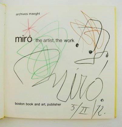 Joan Miro (1893-1983) Colored Pencil Drawing: Original colored pencil drawing, untitled abstract, attributed to/in the manner of Joan Miro (1893-1983). Signed and dated 1972. Executed on the title page of "Miro: the Artist, the Work," published i