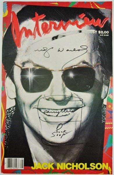 Andy Warhol Signed Interview Magazine, 1985: Andy Warhol's "Interview" Magazine, August 1985 (?) edition. Cover features Jack Nicholson and is signed by Andy Warhol. 17 x 11 inches. The magazine cover has sustained a significant tear just under 