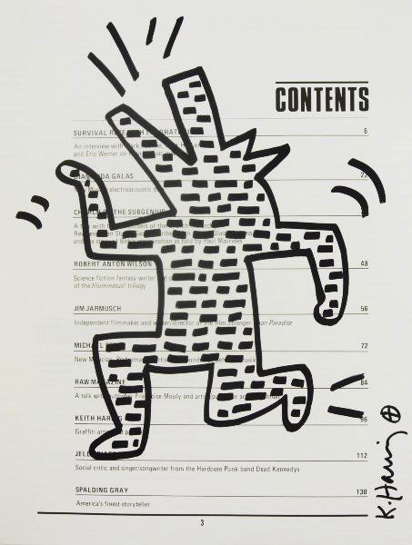 Keith Haring (1958-1990) Pop Underground Sketch: Original black marker pen drawing, untitled (Dancing Barking Dog), by/attributed to Keith Haring (1958-1990). Signed. Executed on a page from "Notes From the Pop Underground," published (Berkeley, CA)