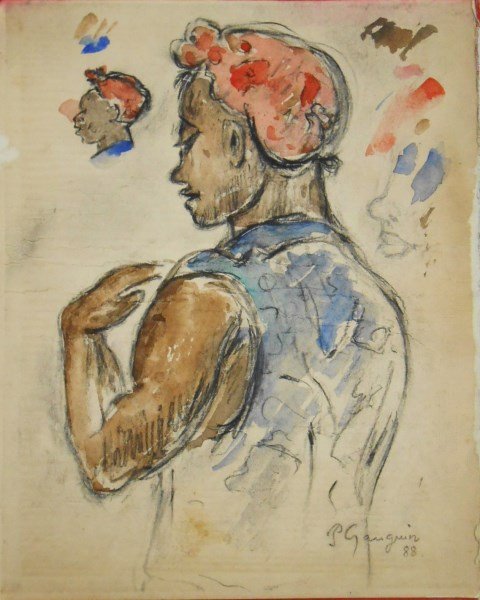 Paul Gauguin (1848-1903) Watercolor: Original watercolor and charcoal drawing, study of a woman, attributed to or in the manner of Paul Gauguin (1848-1903). Signed and dated '88, the intial sketch possibly begun in 1887, when the artist 