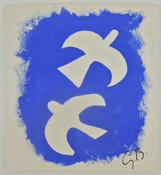 Georges Braque (1882-1963) Watercolor: Original gouache on fine wove paper (possibly Arches), Two Birds, attributed to Georges Braque (1882-1963). Signed with the artist's initials, lower right. 6 7/8 x 6 3/8 inches. Very good condition. C
