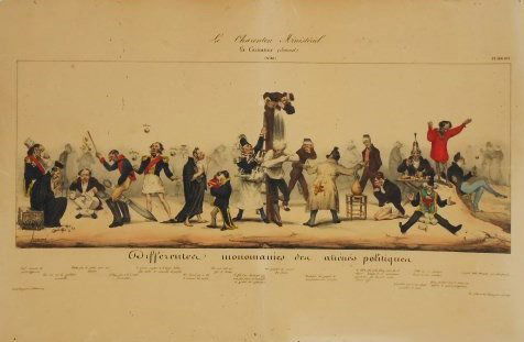 Honore Daumier (1808-1879) Color Lithograph: Original color lithograph, "Le Charenton Ministeriel," by Honore Daumier (1808-1879), published in "La Caricature," circa 1830-1843. Signed in the plate. 14 3/8 x 21 1/2 inches. Unframed.La Caricature