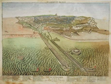 18th Century Hand-Colored French Engraving: Original hand-colored engraving, "Vue de Dunkerque," French, circa early 18th century. Sheet size: 13 x 19 1/4 inches. Unframed. Condition Note: Stained lower right quadrant.