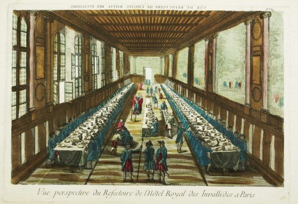 18th Century Hand-Colored French Engraving: Original hand-colored 18th century engraving, "Vue Perspective du Refectoire de l'Hotel Royal des Invallides a Paris," French, circa mid-18th century. Sheet size: 13 x 20 inches. Unframed.