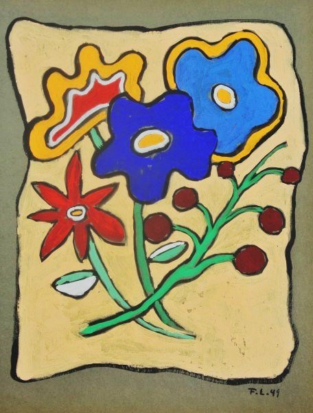 Fernand Leger (1881-1955) Gouache, 1949: Original gouache on grey-green toned heavy drawing paper, untitled abstract composition, attributed to Fernand Leger (1881-1955). Signed with the artist's initials and dated '49. 11 1/2 x 8 5/8 inches