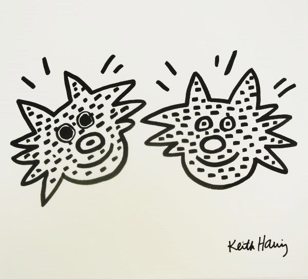 Keith Haring (1958-1990) "Two Cool Cats" Drawing: Original black or sumi ink drawing on white wove paper, Two Cool Cats, by/attributed to Keith Haring (1958-1990). Signed lower right. 11 x 11 5/8 inches. Very good condition. Unframed.Provenance: Pres